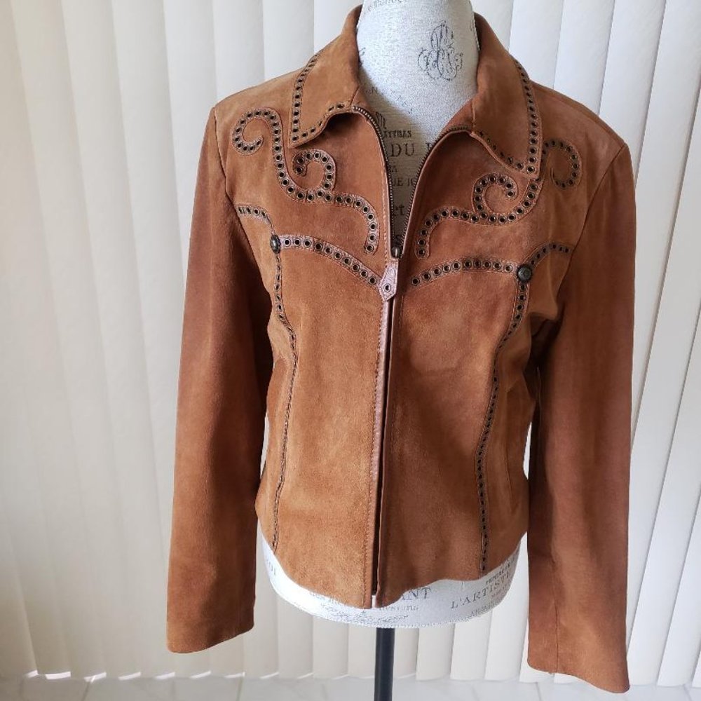Cripple Creek Cinnamon Suede Jacket with leather detail and studding, Size L